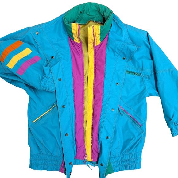 Vintage 80s Colorblock Ski Teal London Fog S Jacket Retro Neon Unisex Oversized - Picture 2 of 8